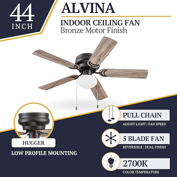 Prominence Home Alvina Traditional 44 Inch Ceiling Fan with Light, LED Flush Mount Ceiling Fan, Indoor Fan with 5 Blades, Gray Pine and Maple Brown Blade Finish Options, Bronze (51584-01)