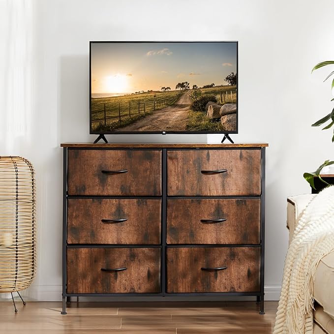DUMOS TV Stand for Living Room, Dresser for Bedroom Chest of Dresser with 6 Fabric Drawers Storage Organizers Units, Nightstand for Bed