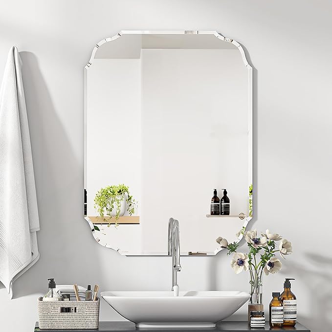 Silver Wall Mirror-Beveled Edge Frameless Mirror for Bathroom, Vanity, Bedroom, Rectangle Mirrors （20X28inch）