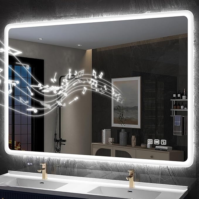 S'bagno 36"x28" LED Bathroom Mirror with Bluetooth Speaker, Anti-Fog & Waterproof, Dimmable Wall Mirror with Touch Control, 3 Light Colors, Vertical or Horizontal