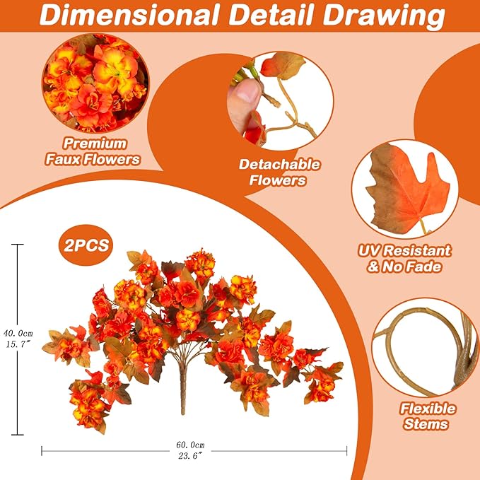 Homsunny Fall Flowers for Outdoors, 2 PCS Fake Fall Flowers UV Resistant Fake Autumn Artificial Flowers for Porch Patio Window Box Planter Home Decor (Sunset Red and Orange)