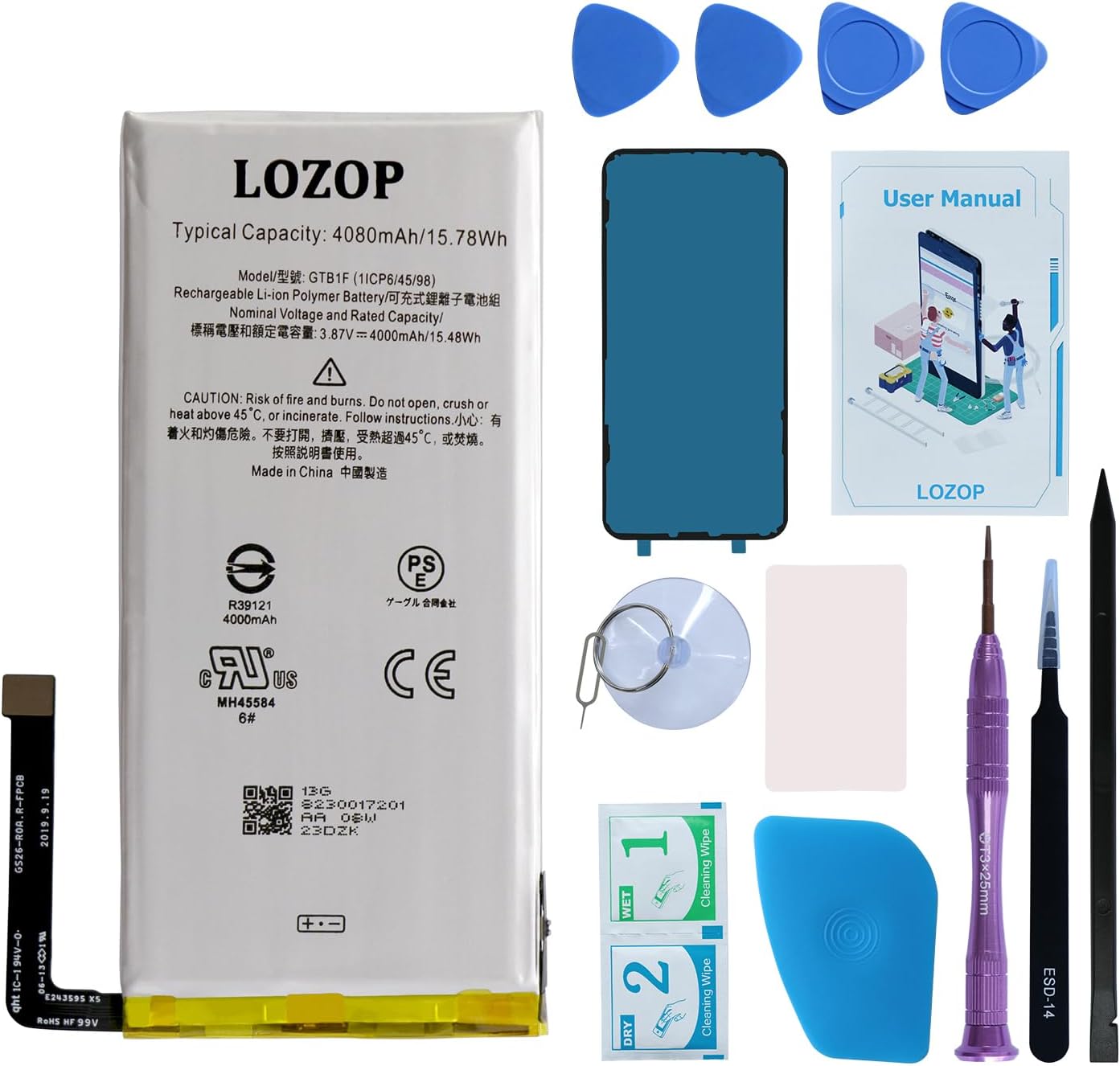Google Pixel 5 Battery Replacement Kit with Repair Tools and User Manual, Model GD1YQ, GTT9Q
