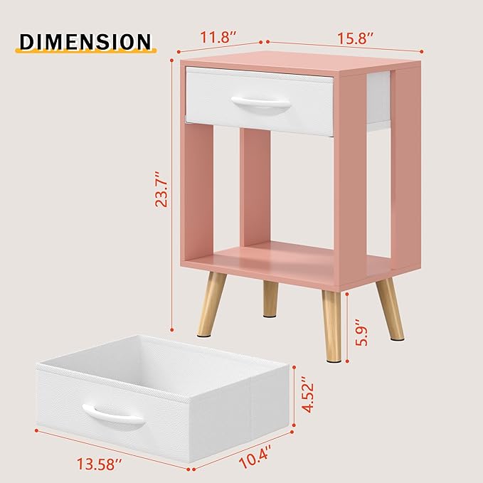 GYIIYUO Nightstands Set of 2 with Fabric Storage Drawer and Open Wood Shelf, Side Table with Storage for Bedroom, Bedside Tables - Pink