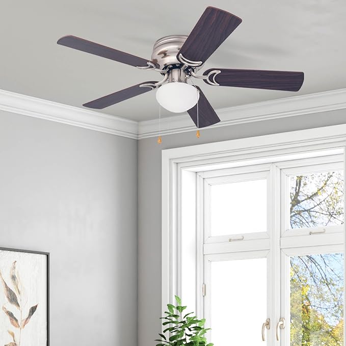 Prominence Home Alvina, 42 Inch Traditional Flush Mount Indoor LED Ceiling Fan with Light, Pull Chain, Dual Finish Blades, Reversible Motor - 80029-01 (Brushed Nickel)