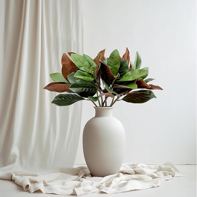 4 Pcs Magnolia Artificial Leaves Branches 25 Inch 3D Real Touch Pick Faux Magnolia Stems Fake Leaves Twigs for Indoor Outdoor Vase Filling Home Wedding Floral Arrangement Decoration