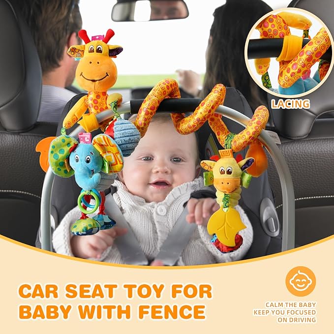Jollybaby Crib Stroller Car Seat Toys for Baby 0-3-6-9-12 Months, Tummy Time Hanging Sensory Toys for Newborn with Music Box and Teether, Spiral Carseat Toy for Infant Boys Girls Gifts (Giraffe)