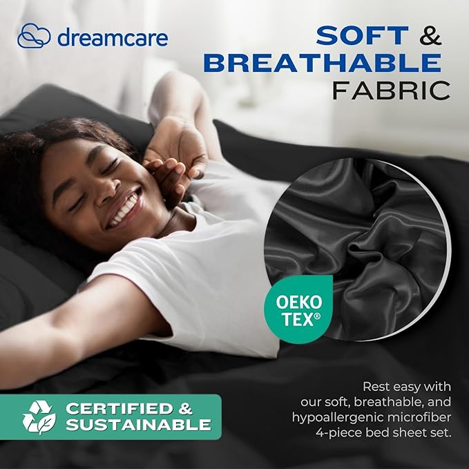 DREAMCARE California King Sheet Sets – 4 pcs Cooling Sheets – up to 21” Deep Cal King Sheets – Hotel Luxury Pillowcases – Superior Softness 100% Fine Microfiber with Side Pocket – Black