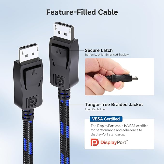 [VESA Certified] Cable Matters 9.8 ft 32.4Gbps Braided DisplayPort Cable 1.4, 8K 60Hz / 4K 240Hz DisplayPort 1.4 Cable with FreeSync, G-SYNC and HDR for Gaming Monitor, PC, RTX 4080/4090, RX 6800/6900