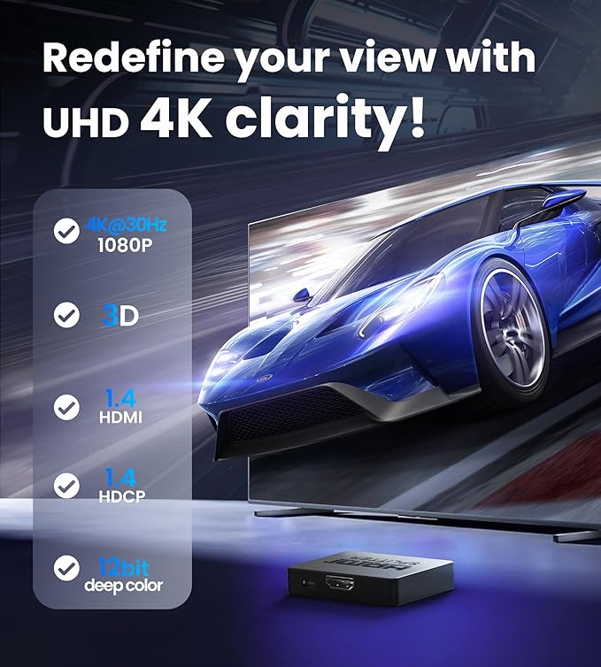 4K HDMI Splitter 1 in 2 Out with Power Adapter and 4Ft Hdmi 2.0 Cable，Mirror 1 Source Screen to 2 Display Devices-Not for Extended Display, 1x2 HDMI Splitter Compatible with PS4, HDTV, Monitor