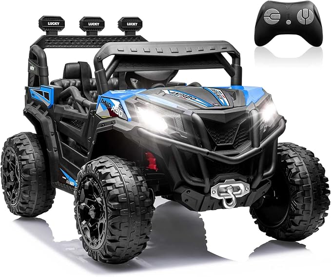 ANPABO 24V 4X4 Ride on Car Truck w/Remote Control, 4WD/2WD Switchable Kids UTV, 19" Spacious Seat, 4 Shock Absorbers, Soft Start, Music Player, Electric Car for Kids (Blue)