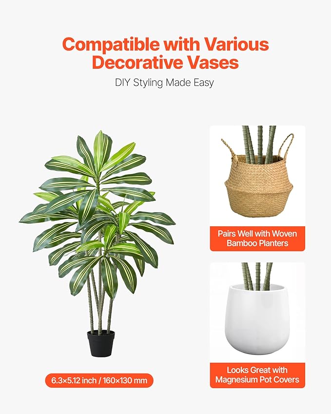 VEVOR Artificial Dracaena Tree 5 ft, Fake Palm Tropical Plants with White Tall Planter, Faux Floor Silk Plant in Pot, Large Trees for Home Office Living Room Decor House Warming, Indoor Outdoor