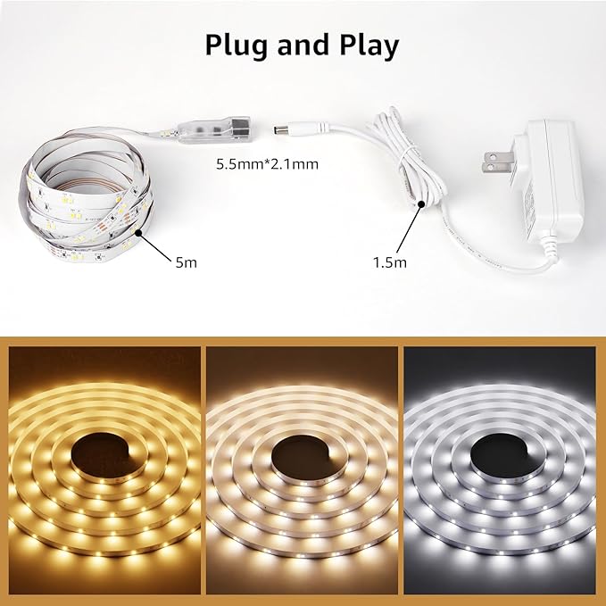 Lepro LED Tunable White Strip Light, Warm to Cool White, 16.4ft Dimmable Bright LED Tape Lights, 300 LEDs 2835, Strong 3M Adhesive, Not Cuttable, Suitable for Christmas Decorations, Home, Bedroom