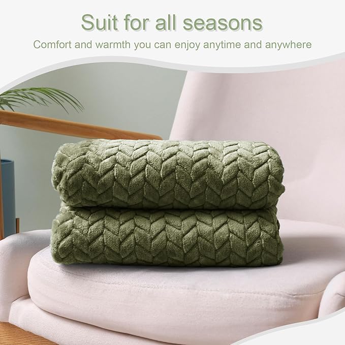 Exclusivo Mezcla Fleece Throw Blanket for Couch, 50x70 Inches Soft Cozy Jacquard Flannel Blankets, Lightweight Fuzzy Plush Warm Throws for Winter, Olive Green