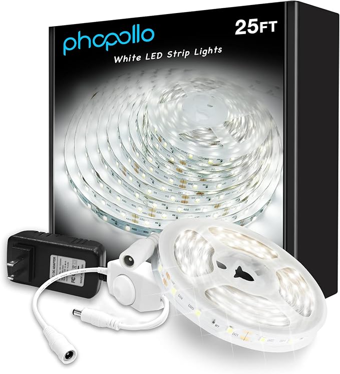 phopollo White LED Strip Lights, 25ft Dimmable 6500k Daylight White Led Light Strip, 460 LEDs Flexible Led Lights for Bedroom, Mirror, Kitchen Decoration