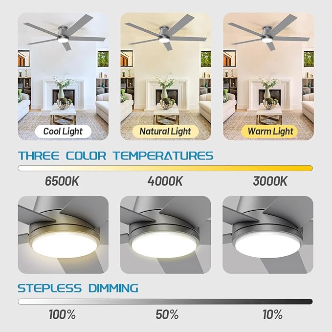 wurzee 60 Inch Flush Mount Ceiling Fan, Matte Silver Low Profile Fan Reversible DC Motors, Dimmable, Timer, Noiseless, Ceiling Fan for Indoor & Outdoor Bedrooms, Living Rooms