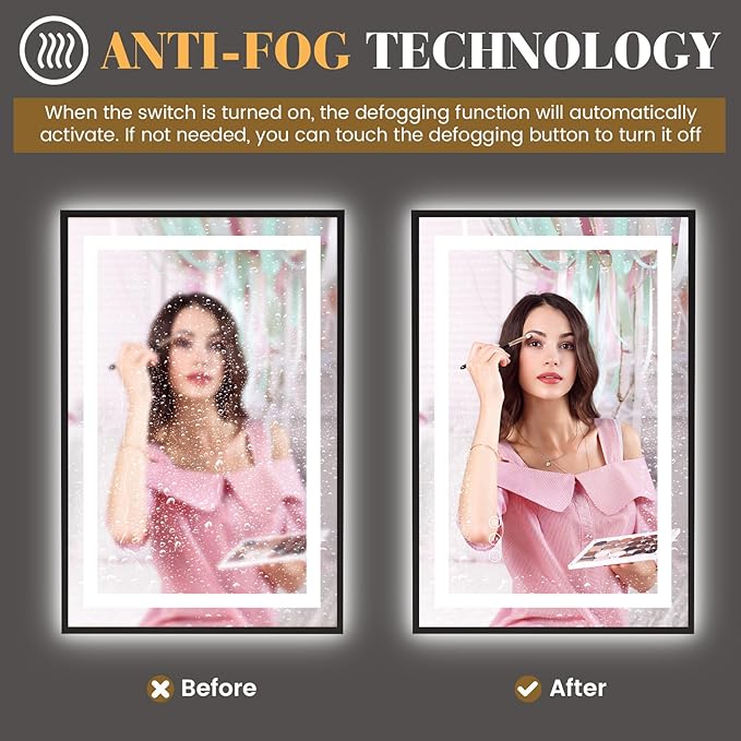 LED Bathroom Mirror,24"x32" Black Frame Led Mirror, Front Light and Backlit, Stepless Dimmable, Anti-Fog, Shatter-Proof, Memory, 3 Colors, Double LED Vanity Mirror