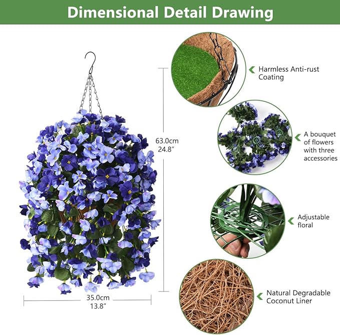 INQCMY Artificial Hanging Flowers Basket for Outdoors Spring Summer Decoration,Faux Silk Begonia in Planter Look Real UV Resistant for Outside Home Porch Patio Garden Balcony Yard Decor（Deep Blue）