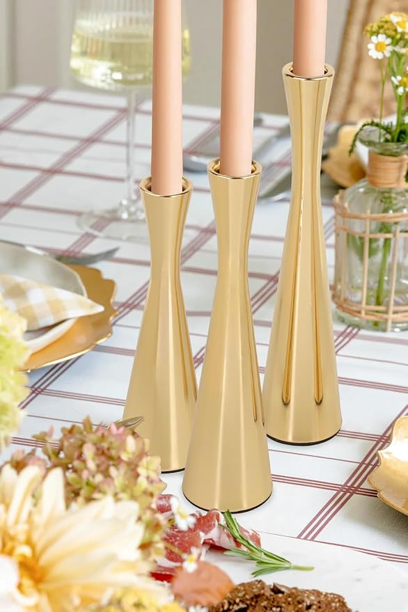 Vixdonos Light Gold Taper Candle Holders Metal Candlestick Holders Set of 3 Table Mantel Decorative Candle Stand for Dinning,Party，Wedding,Home Decor(Light Gold)