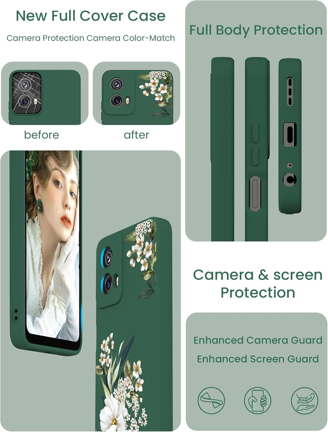Motorola Moto G 5G 2024 Case, Girls Women Floral Liquid Silicone, Shockproof Soft Protection with 2X Screen Protectors