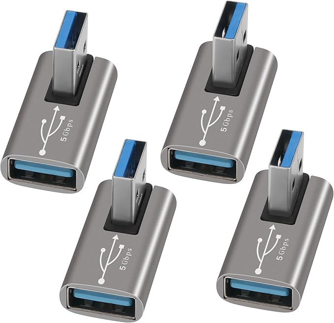 90 Degree USB 3.0 Adapter 4 Pack, Middle Left and Right Angle USB A Male to Female Connector Converter USB L Shape Extender, Support Charge & Data Sync for PC, Laptop, Mouse, Keyboard, USB A Charger