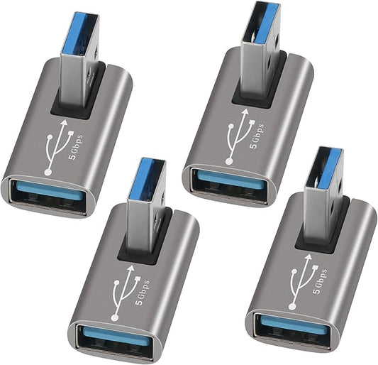 90 Degree USB 3.0 Adapter 4 Pack, Middle Left and Right Angle USB A Male to Female Connector Converter USB L Shape Extender, Support Charge & Data Sync for PC, Laptop, Mouse, Keyboard, USB A Charger