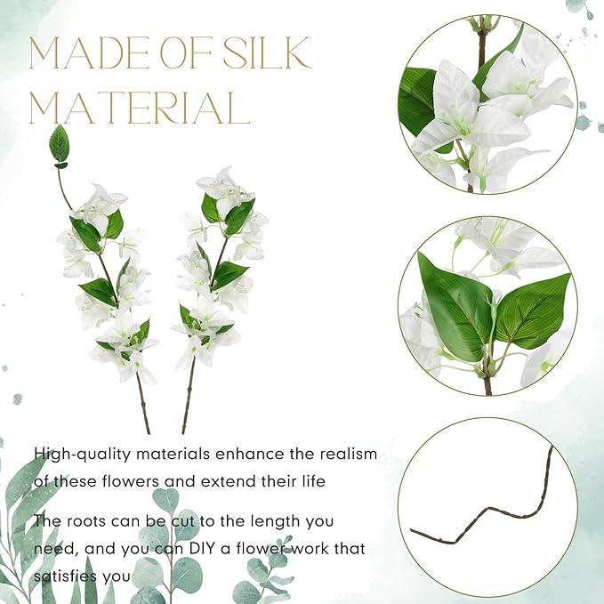 30 Pcs Artificial Faux Bougainvillea Fake Flower Silk Bougainvillea Branches UV Resistant Outdoor Indoor Decoration for Wedding Home Centerpieces Outside Decor (White)