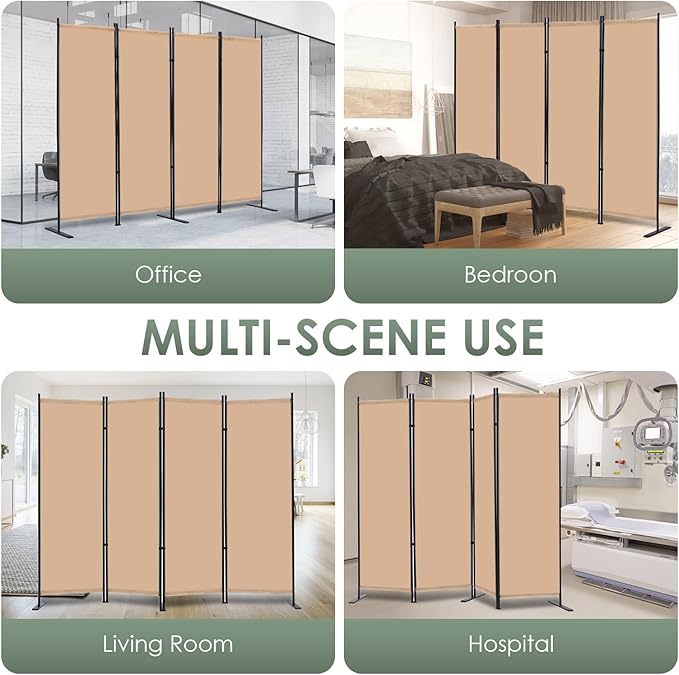 RANTILA 4 Panel Room Divider, 6 FT Folding Privacy Screen with Wide Feet, Freestanding Partition for Room Separation, Portable Room Divider Panel, 89" W x 71" H, Beige