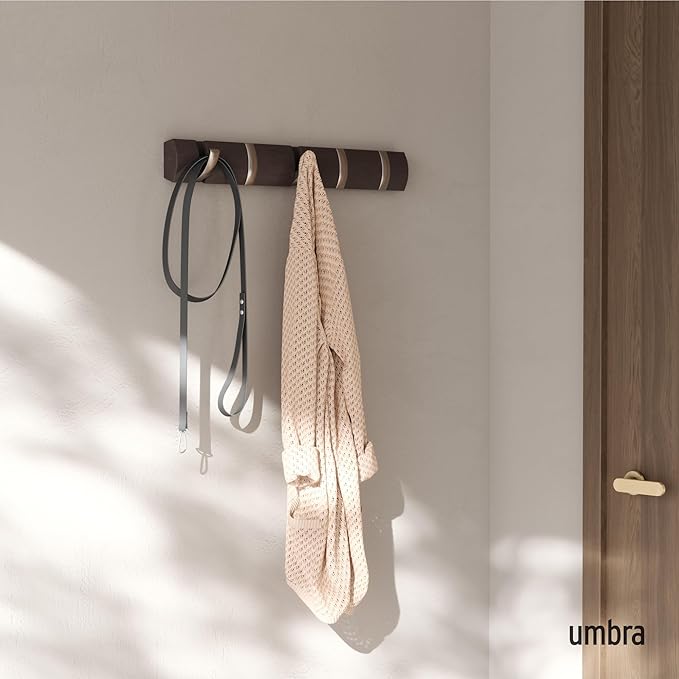 Umbra Flip Wall Mounted Floating Rack – Modern, Sleek, Space-Saving Coat Hanger with 5 Retractable, Driftwood/Nickel Hook