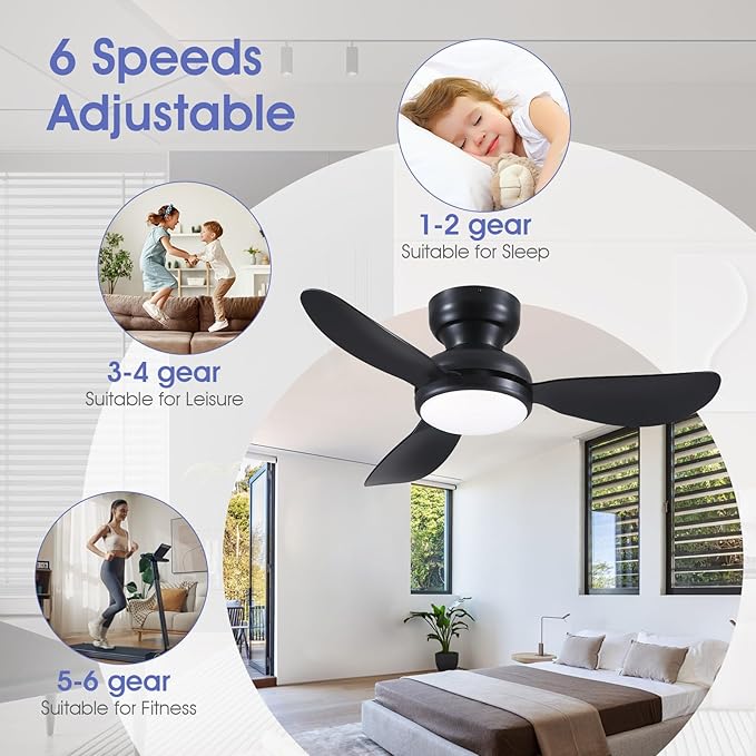 36 Inch Modern Ceiling Fans with Lights, Small Flush Mount Ceiling Fan with Light and Remote/APP Control, 3 Reversible 6 Speeds Curved Blades, 3 CCT Dimmable Lights for Bedroom, Black