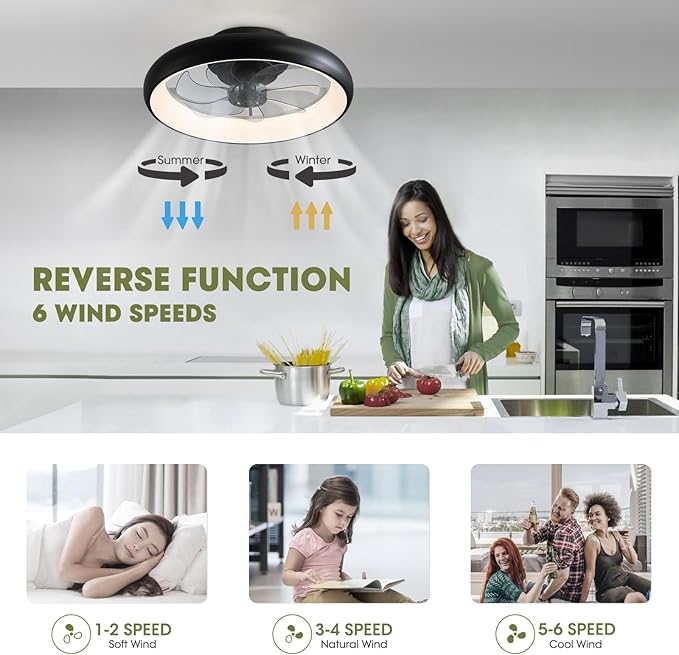 Ceiling Fans with Lights 20'' Flush Mount Fan Remote & APP Control Black Low Profile 6 Wind Speeds Smart Dimmable LED for Bedroom Living Room (Y1095-BK-ELE)