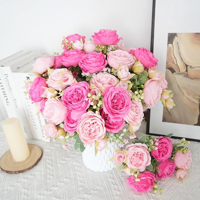 10 Bundles Peonies Artificial Flowers, Pink Silk Peony Flower Bulk Bridesmaid Bouquet for Indoor Home Decor Bedroom Kitchen Office Wedding Party Table Centerpieces