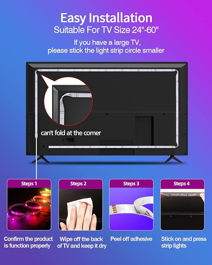 Daymeet LED Lights for TV, 9.8FT TV Led Backlight Behind Lights for 32-60inch USB Led Light Strip Glow RGBICW Color Changing Sync with Music Bluetooth APP Control Led Lighting for Bedroom