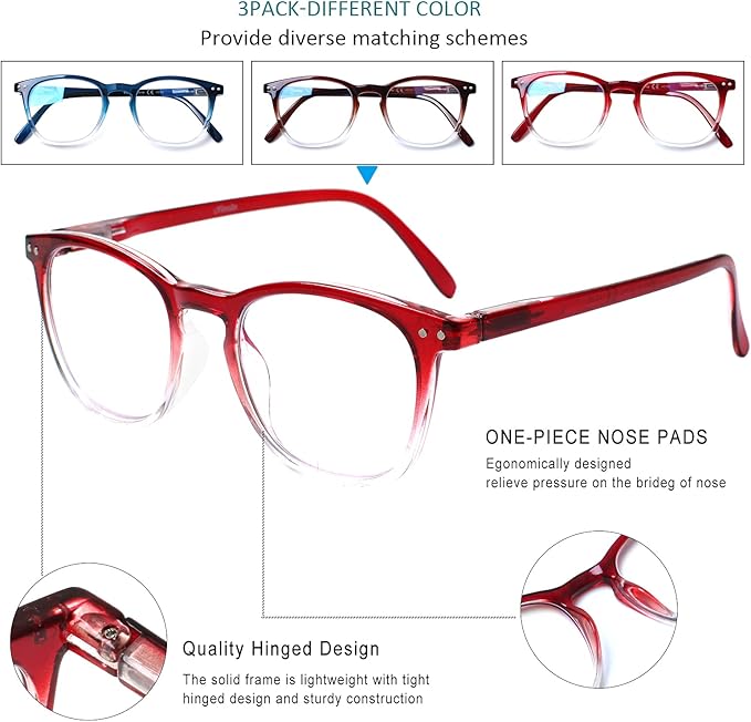 Henotin 3-Pack Blue Light Blocking Reading Glasses,Spring Hinge Computer Readers for Men Women,Anti UV Ray Filter Eyeglasses (Multicolor, 1.0)