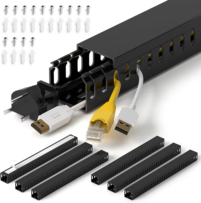 ZhiYo H1.4 W1.6 in Server Rack Cable Management Raceway, 99in (6X L16.5in) Cable Raceway Kit, Electrically Safe PVC Open Slot Wire Cord Hider for Under Desk/Computer/Network Cords, Black, H35 W40mm