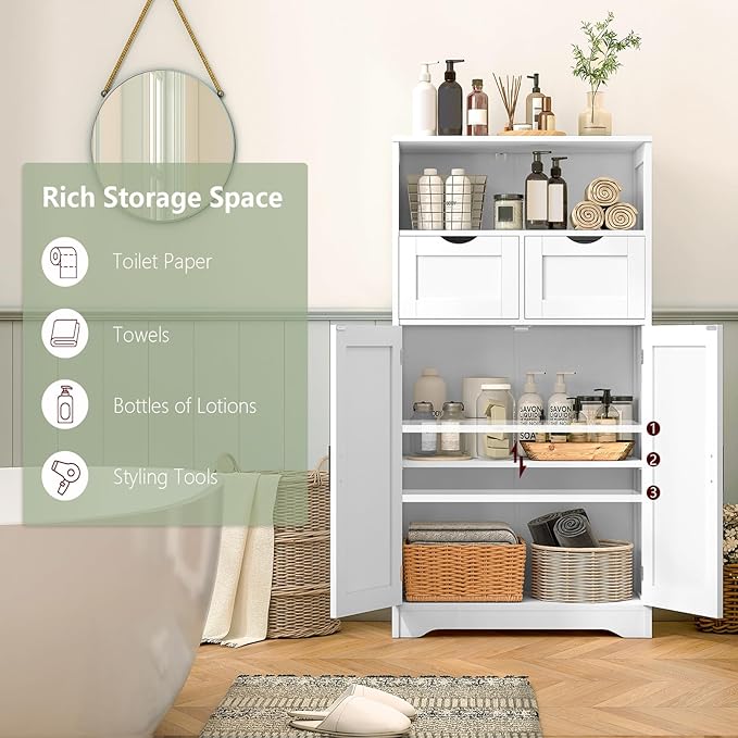 WEENFON Bathroom Cabinet with Adjustable Shelf, Storage Cabinet with 2 Doors & 2 Drawers, Cupboard, for Living Room, Hallway, White