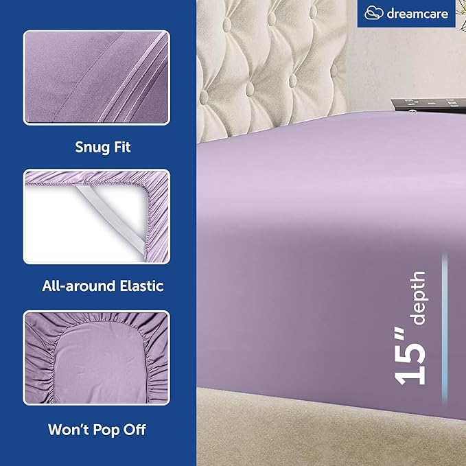 DREAMCARE Queen Size Sheets - Cooling Bed Sheets - 4pcs Set - up to 15" Deep Pocket Queen Sheet Set - Sheets Queen Size Bed - Soft & Long Lasting 100% Fine Microfiber with Side Pocket - Lavender
