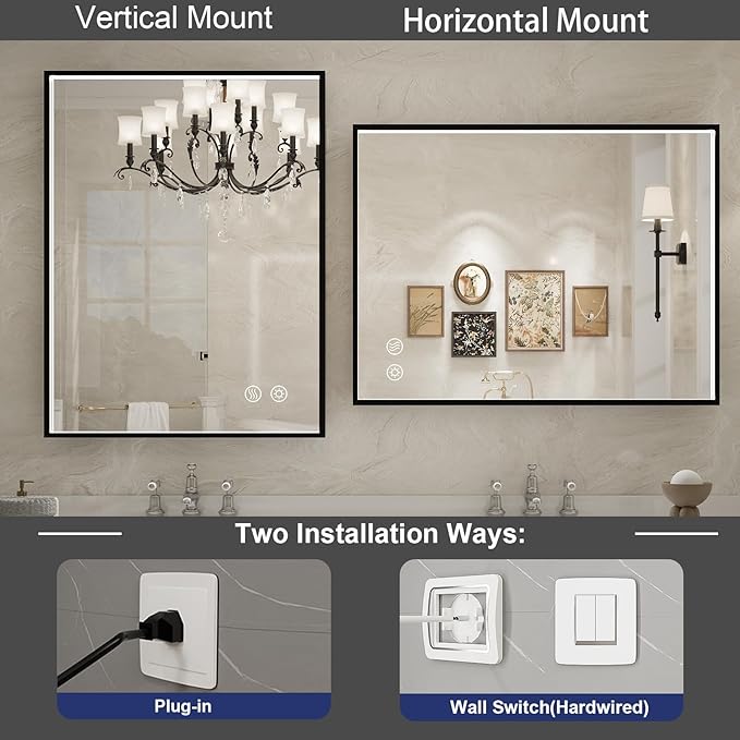 24X36 Inch LED Bathroom Mirror,Black Metal Framed Lighted Mirror,Wall Mouted LED Vanity Mirror with Lights, Stepless Dimmable, Anti-Fog, Memory(Horizontal/Vertical)