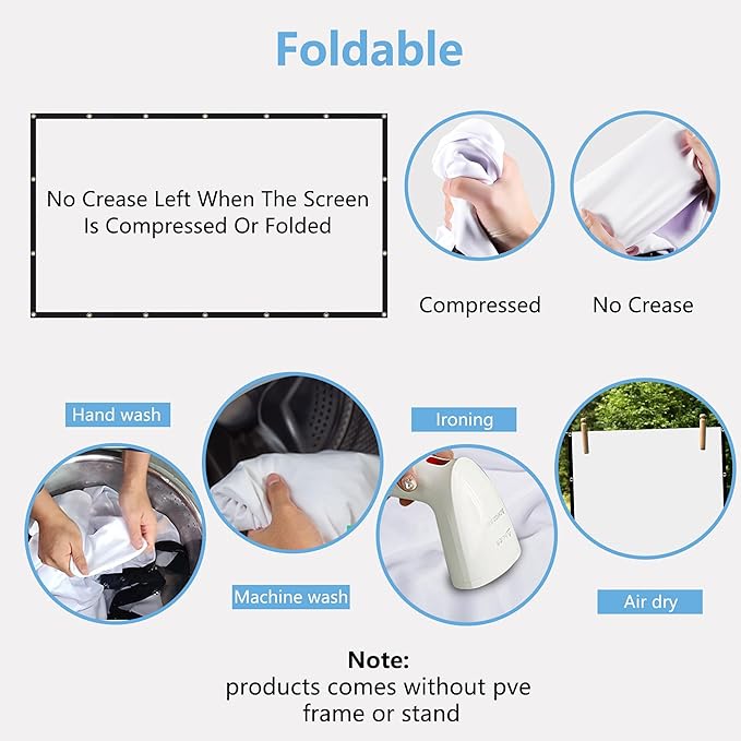 120-inch Projection Screen, 16:9 Foldable and Washable Portable 4K Movie Screen, Anti-Wrinkle, Easy-to-Install Outdoor Projection Screen, Suitable for Office, Home Theater, Outdoor and Indoor use.