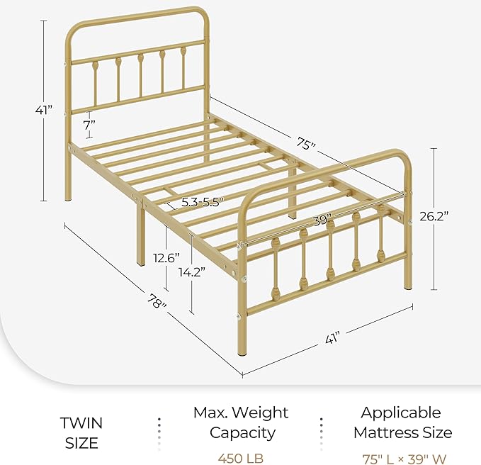 Yaheetech Classic Metal Platform Bed Frame Mattress Foundation with Victorian Style Iron-Art Headboard/Footboard/Under Bed Storage/No Box Spring Needed/Twin Size Antique Gold