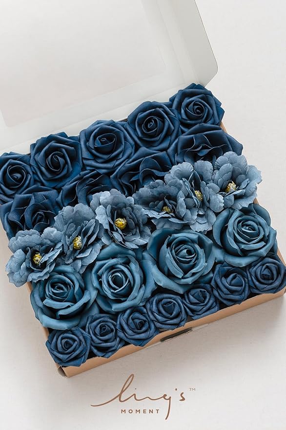 Ling's Moment Artificial Flowers Fake Silk Poppy Faux Foam Roses Combo for DIY Wedding Bouquets Centerpieces Arrangements Bridal Shower Party Home Decorations, Nautical Navy, 25pcs
