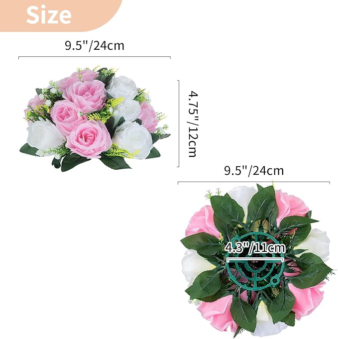 NUPTIO 10 Pieces Pink White Fake Flower Ball Arrangement Bouquet 15 Heads Plastic Roses with Base, Suitable for Wedding Centerpiece Flower Rack for Parties Home Décor