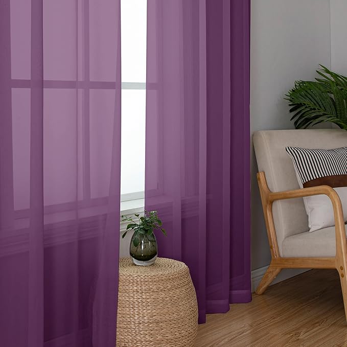 Chyhomenyc Plum Sheer Curtains, 84 inches Long 2 Panels Set, Rod Pocket Voile Drapes for Living Room Bedroom, 2PCS, Each 42 W x 84 L