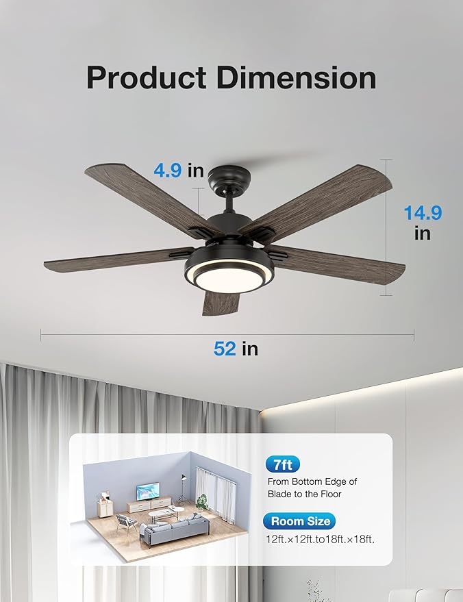 warmiplanet Ceiling Fans with Lights and Remote Control, 52 Inch, 6 Speeds Reversible DC Motor, 3 Color Dimmable Light, Timer, Noiseless, Black, 5 Blades, 2 Pack