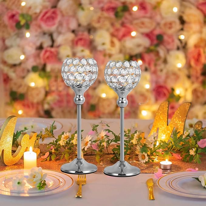 VINCIGANT Crystal Hurricane Candle Holder Silver Candlestick Set of 2 for Anniversary Celebration Coffee Table Modern Decorative Centerpieces