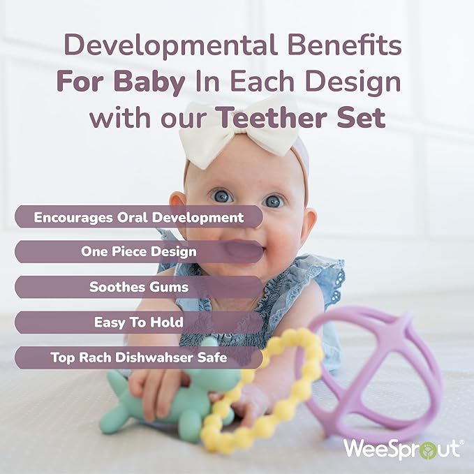 WeeSprout Silicone Baby Teether Toys for Infant Babies and Toddlers, Cute Ring, Puppy Dog, and Ball, Soft and Flexible, BPA Free, Boys and Girls (Pastel Mint, Purple & Yellow)