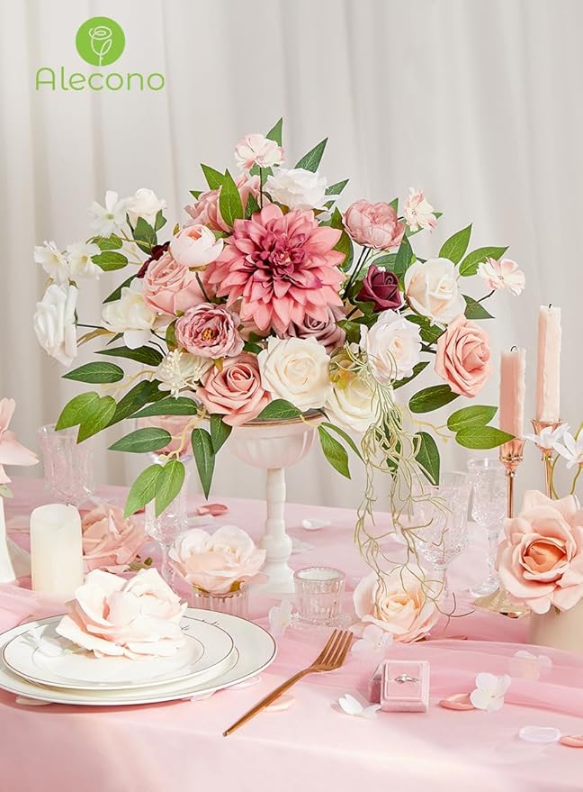 Alecono Artificial Flowers, Pink Fake Flowers for Decorastion, Wedding Flowers for Cake Party Home Table Centerpieces Decor