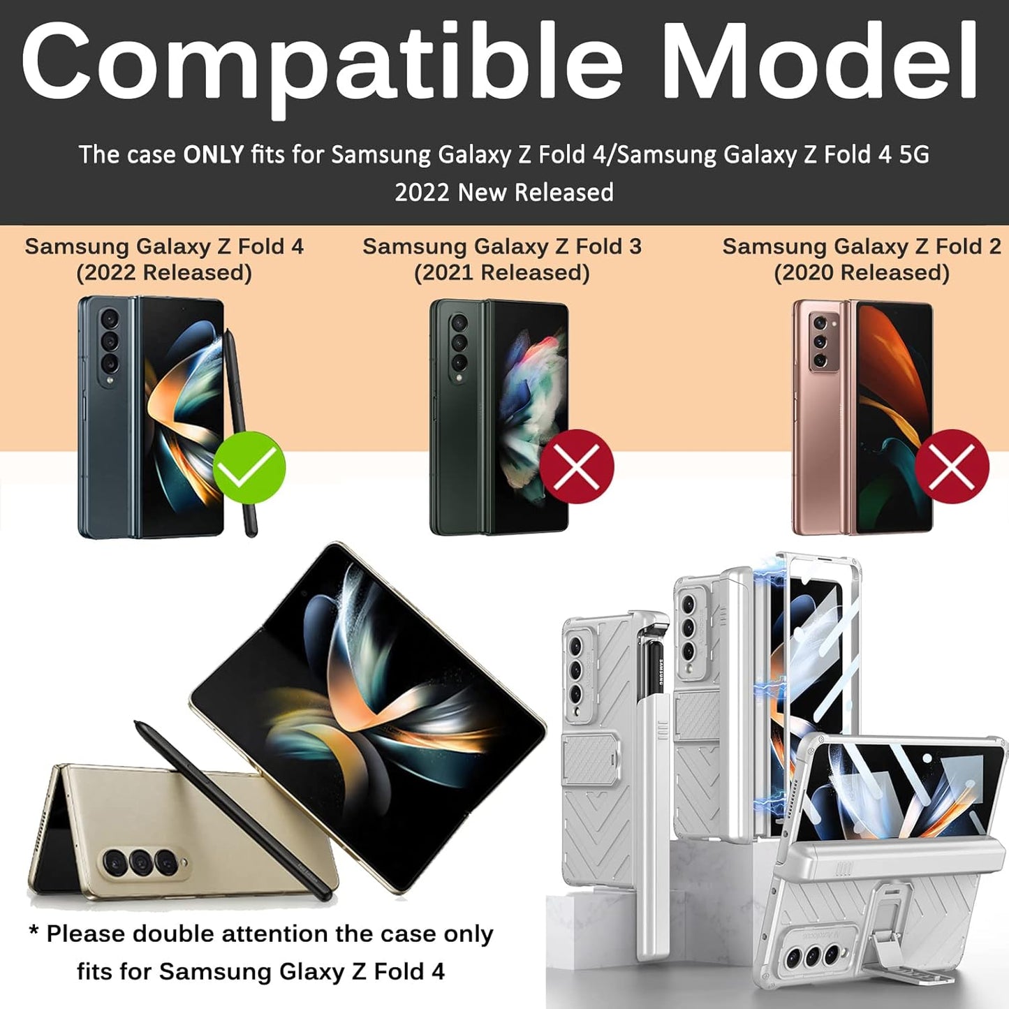 Miimall Samsung Galaxy Z Fold 4 5G Case with Built-in Tempered Glass Protector, Magnetic Hinge, Kickstand, Silver