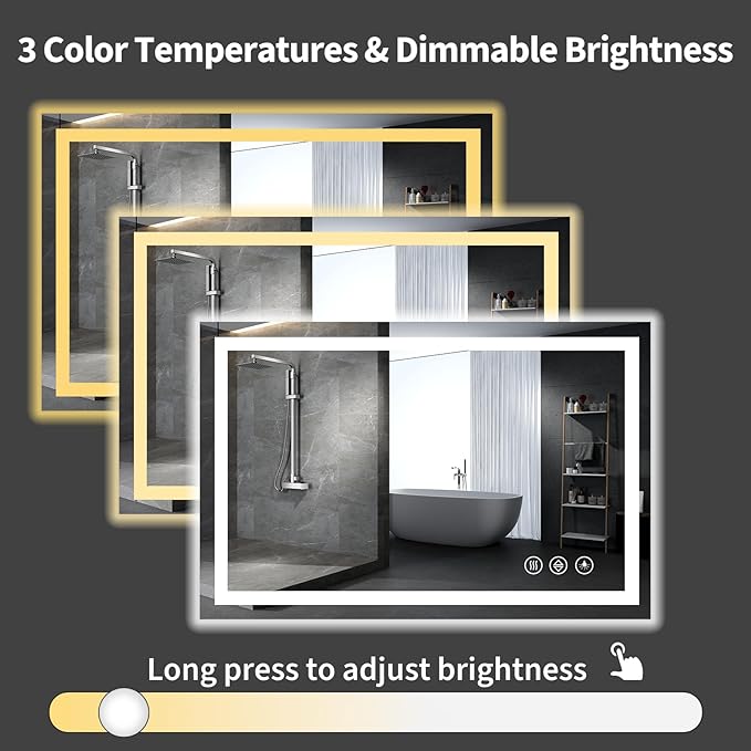 Koonmi 36x55 LED Bathroom Mirror, Backlit + Front Lit, LED Bathroom Mirror with Lights for Wall, 3 Colors, Anti-Fog, Dimmable Brightness, Memory Function, Tempered Glass