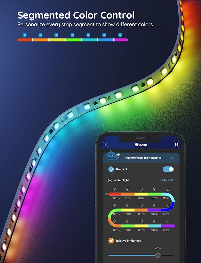 Govee 65.6ft RGBIC LED Strip Lights, Color Changing LED Strips, App Control via Bluetooth, Smart Segmented Control, Multiple Scenes, Enhanced Music Sync LED Lights for Bedroom, Home Decor (2 X 32.8ft)