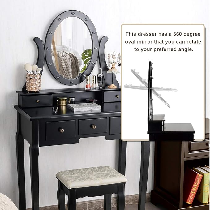 Giantex Vanity Table Set with 12 Lights Mirror, Bedroom Makeup Dressing Table with 360° Rotating Oval Mirror, 5 Drawers and Shelf, Modern Makeup Table with Cushioned Stool for Girls Women (Black)